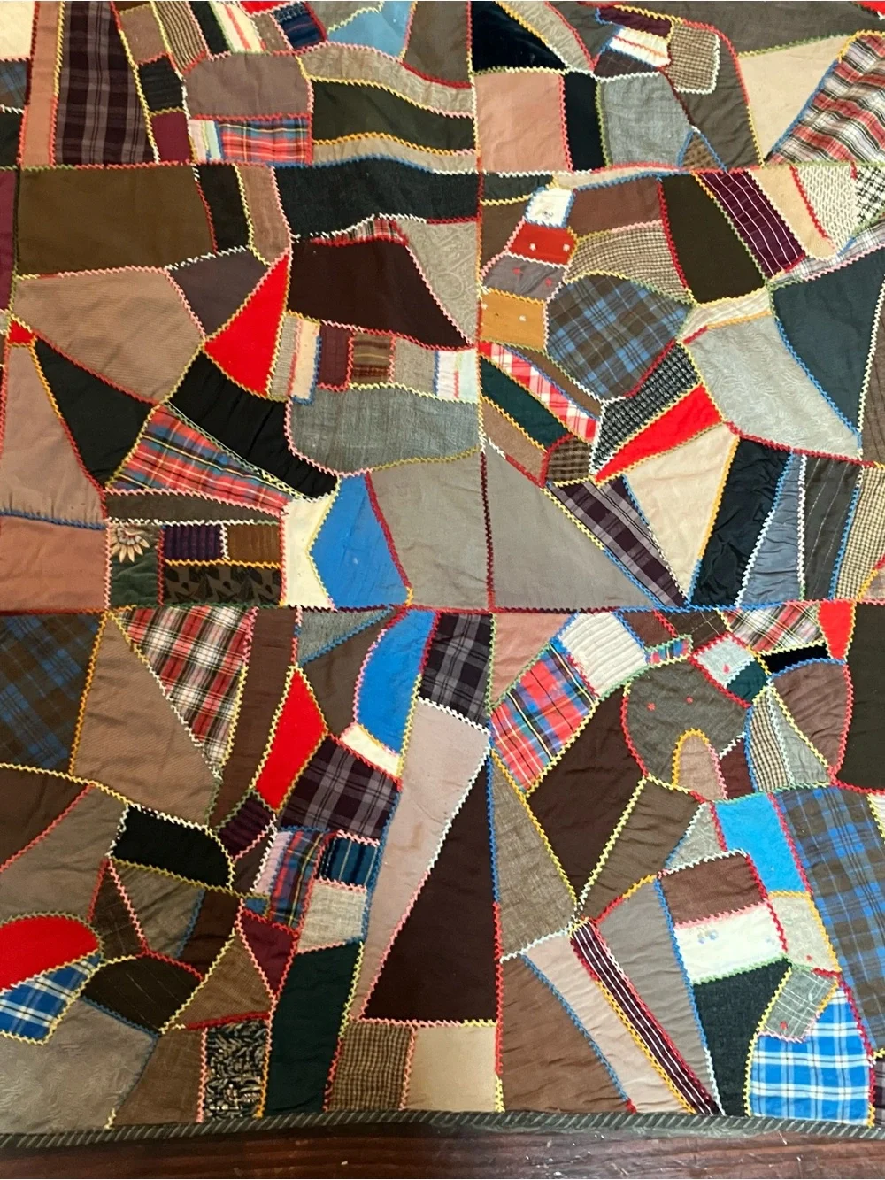 VTG Hand Pieced Embroidered Scrap Crazy 76 x 80 Quilt Farmhouse Primitive
